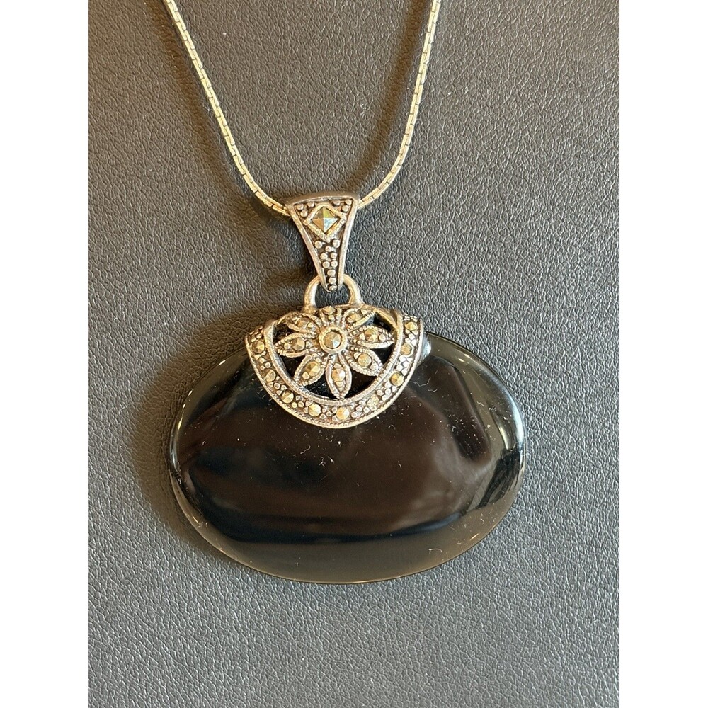 GSJ 925 Sterling Silver Black Onyx Pendant Necklace Ornate Floral Filigree